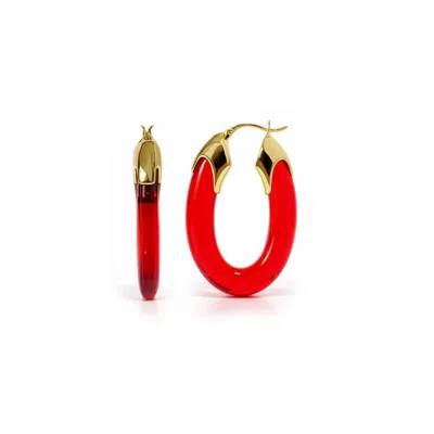 Gold & Honey Women's Carved Oval Lucite Birthstone Hoop Earrings In July - Ruby In Red