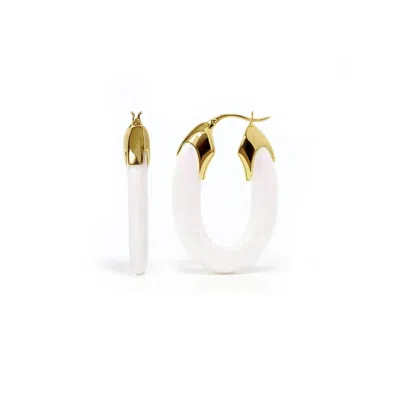 Gold & Honey Women's Gold / White Opal Pearl Carved Oval Lucite Birthstone Hoop Earrings