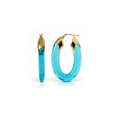 Gold & Honey Women's Carved Oval Lucite Birthstone Hoop Earrings In March - Aquamarine In Blue