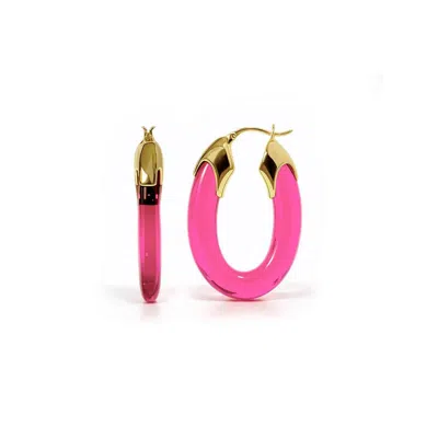Gold & Honey Women's Carved Oval Lucite Birthstone Hoop Earrings In October - Pink Tourmaline