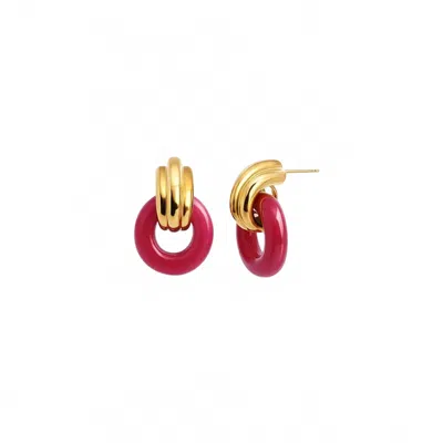 Gold & Honey Women's Donut Door Knocker Earrings In Pink Flamingo In Red