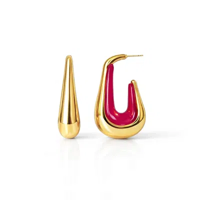 Gold & Honey Women's Drop Hoop Earrings In Pink Flamingo In Red