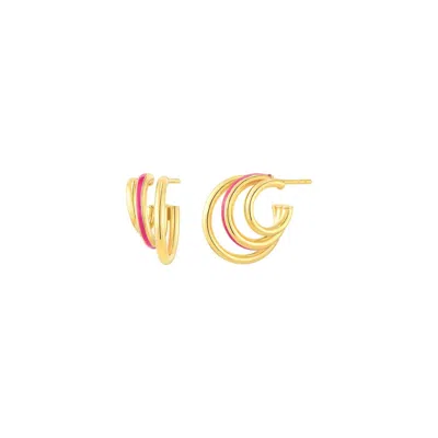 Gold & Honey Women's Enamel Triple Hoop Earrings In Pink Peacock In Gold