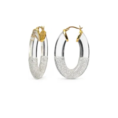 Gold & Honey Women's Flat Hoop Earrings In Clear With Silver Glitter In Metallic