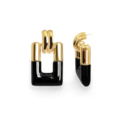Gold & Honey Women's Gold / Black Rectangle Door Knocker Earrings In Black In Multi