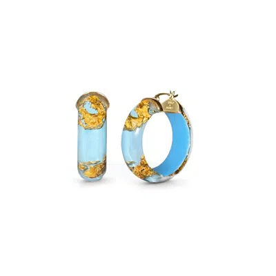 Gold & Honey Women's Gold / Blue 24k Gold Leaf Huggie Hoop Earrings In Ice Blue
