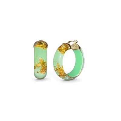 Gold & Honey Women's Gold / Green 24k Gold Leaf Huggie Hoop Earrings In Mint Green