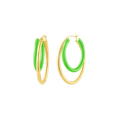 Gold & Honey Women's Gold / Green Double Oval Enamel Hoop Earrings In Neon Green In Metallic