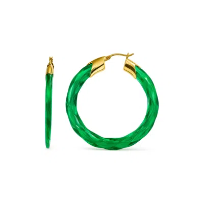 Gold & Honey Women's Gold / Green Emerald Swirl Twist Lucite Birthstone Hoop Earrings