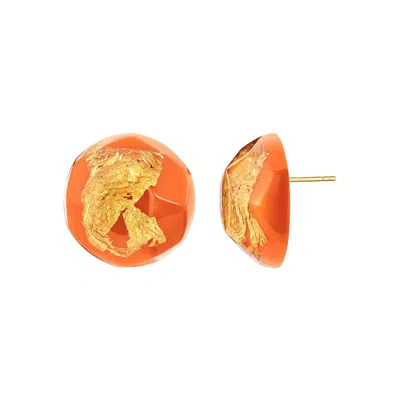 Gold & Honey Women's Gold / Orange 24k Gold Leaf Button Stud Earrings In Living Coral