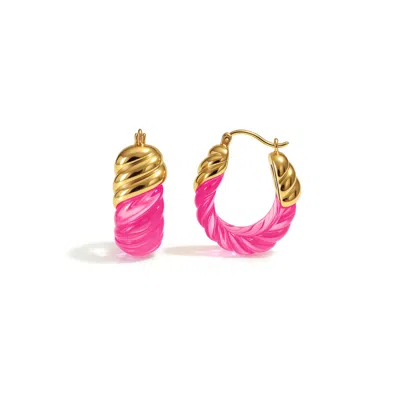 Gold & Honey Women's Gold / Pink Pink Tourmaline Rope Shrimp Lucite Birthstone Hoop Earrings