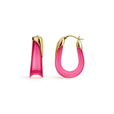 Gold & Honey Women's Gold / Pink Pink Tourmaline Sculpted U Lucite Birthstone Hoop Earrings