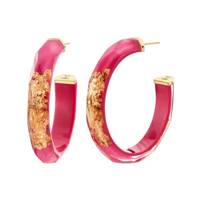 Gold & Honey Women's Gold / Pink / Purple Large Faceted 24k Gold Leaf Lucite Hoops In Pink In Multi