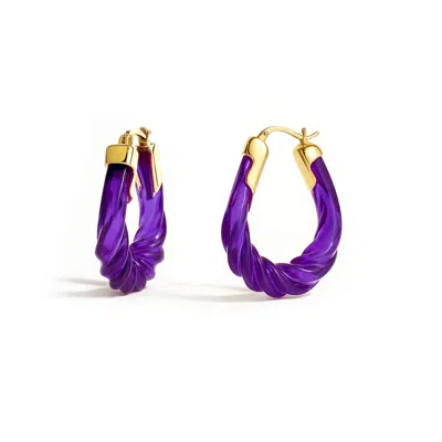 Gold & Honey Women's Gold / Purple Amethyst Rope Twist Oval Lucite Birthstone Hoop Earrings In Blue