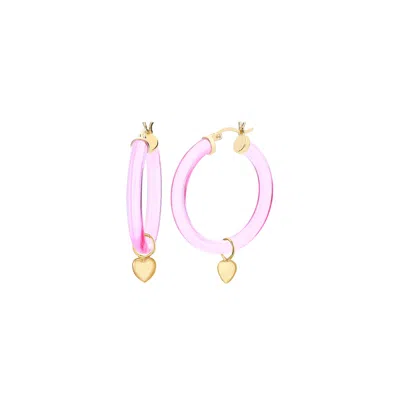 Gold & Honey Women's Gold / Purple Heart Charm Hoop Earrings In Pink In Multi