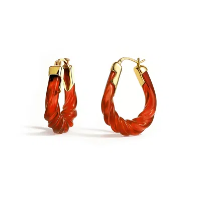Gold & Honey Women's Gold / Red Garnet Rope Twist Oval Lucite Birthstone Hoop Earrings