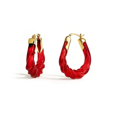 Gold & Honey Women's Gold / Red Ruby Rope Twist Oval Lucite Birthstone Hoop Earrings