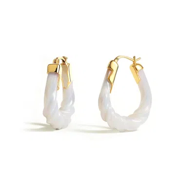 Gold & Honey Women's Gold / White Pearl Rope Twist Oval Lucite Birthstone Hoop Earrings