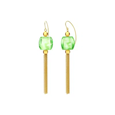 Gold & Honey Women's Green / Brown Tassel Bead Drop Earrings In Green Marble In Multi