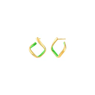 Gold & Honey Women's Green / Gold Square Enamel Hoop Earrings In Neon Green