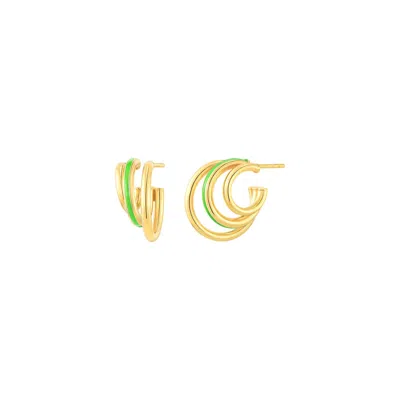 Gold & Honey Women's Green / Gold Triple Hoop Earrings With Green Enamel