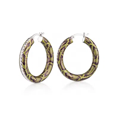 Gold & Honey Women's Green / Silver Snake Print Diamond Cut Hoop Earrings In Green/silver