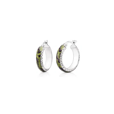Gold & Honey Women's Green / Silver Snake Skin Print Huggie Hoop Earrings In Green/silver