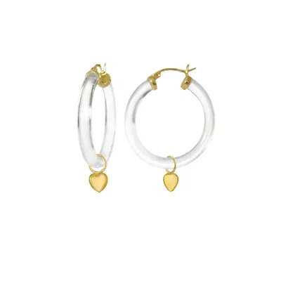 Gold & Honey Women's Heart Charm Lucite Hoop Earrings In Clear In Gold