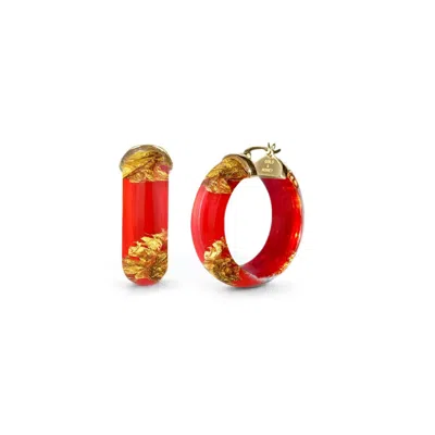 Gold & Honey Women's Mini Leaf Lucite Hoop Earrings In Carnelian Gold Leaf In Red