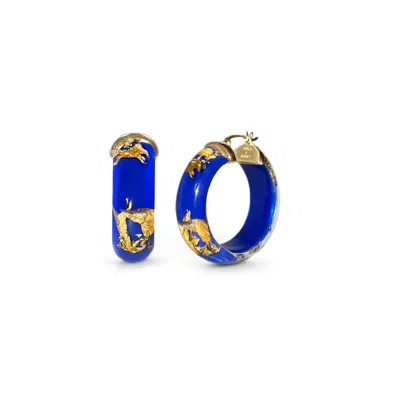 Gold & Honey Women's Mini Leaf Lucite Hoop Earrings In Royal Blue Gold Leaf