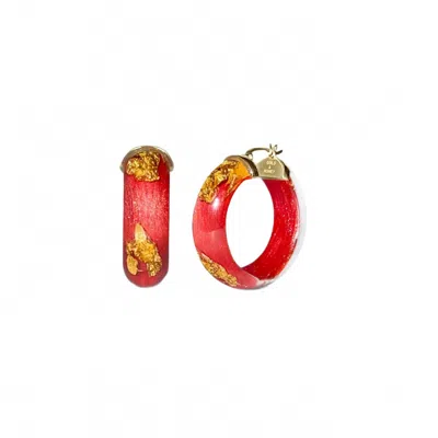 Gold & Honey Women's Mini Leaf Lucite Hoop Earrings In Watermelon Gold Leaf In Red