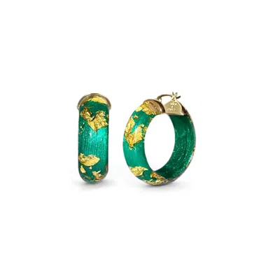Gold & Honey Women's Mini Lucite Hoop Earrings In Dark Green Gold Leaf