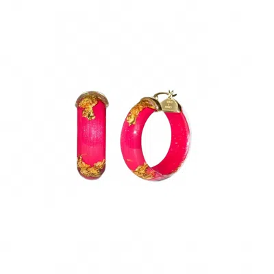 Gold & Honey Women's Mini Lucite Hoop Earrings In Pink Peacock Gold Leaf In Red