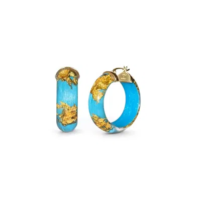 Gold & Honey Women's Mini Lucite Hoop Earrings In Turquoise Gold Leaf In Blue