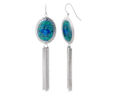 Gold & Honey Women's Oval Printed Tassel Earrings In Blue And Green