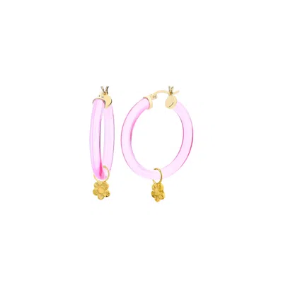Gold & Honey Women's Pink / Gold Flower Charm Hoop Earrings In Pink In Brown