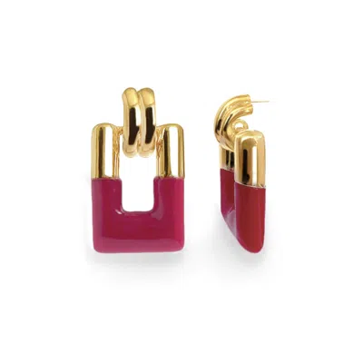 Gold & Honey Women's Pink / Gold Rectangle Door Knocker Earrings In Pink Flamingo In Multi