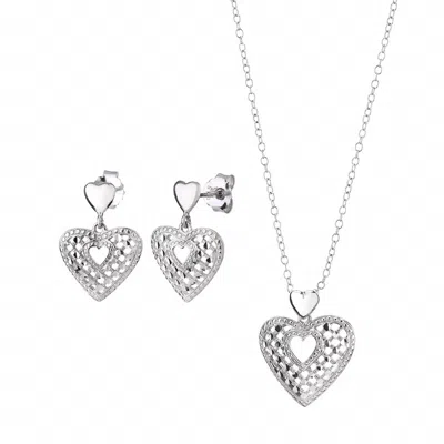 Gold & Honey Women's Quilted Drop Heart Earrings And Pendant Necklace Set In Silver