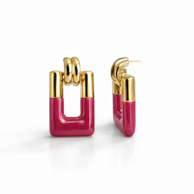 Gold & Honey Women's Rectangle Door Knocker Earrings In Pink Flamingo In Red