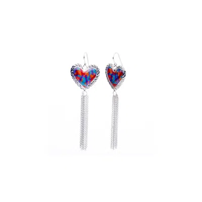 Gold & Honey Women's Red / Silver / Blue Blue & Red Heart Tassel Earrings In Multi