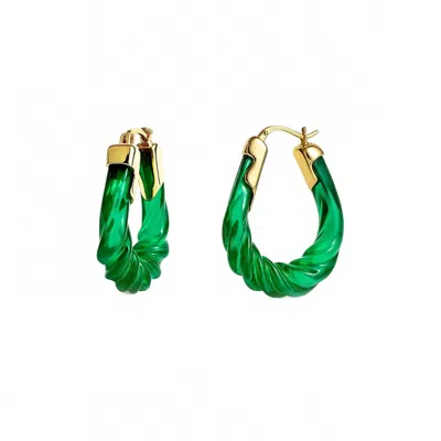 Gold & Honey Women's Rope Twist Oval Lucite Birthstone Hoop Earrings In May - Emerald In Green