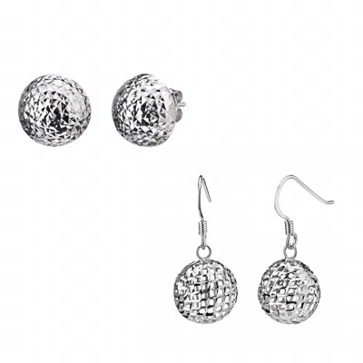 Gold & Honey Women's Set Of Mesh Drop And Diamond Cut Stud Earrings In Silver