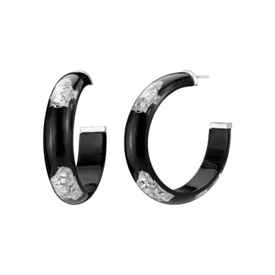 Gold & Honey Women's Silver / Black Silver Leaf Hoops In Black