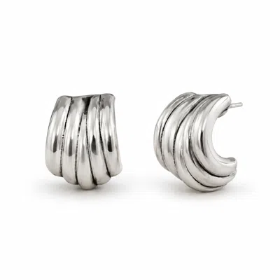 Gold & Honey Women's Silver Ribbed Dome Half Hoop Earrings