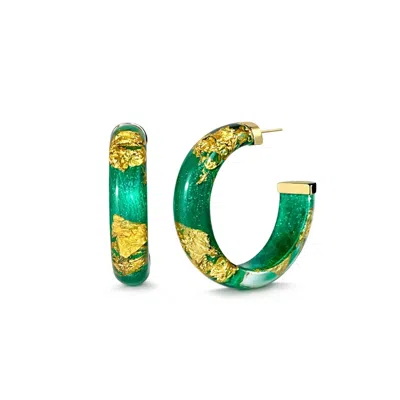Gold & Honey Women's Small Lucite Hoop Earrings In Emerald Gold Leaf In Green