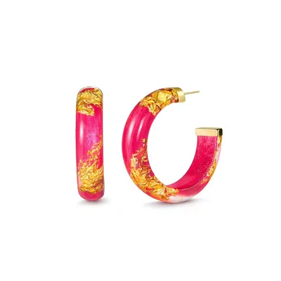 Gold & Honey Women's Small Lucite Hoop Earrings In Pink Peacock Gold Leaf In Red