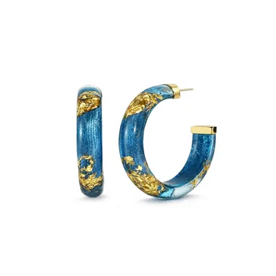 Gold & Honey Women's Small Lucite Hoop Earrings In Santorini Gold Leaf In Blue