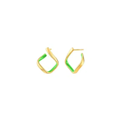 Gold & Honey Women's Square Enamel Huggie Hoop Earrings In Neon Green In Gold