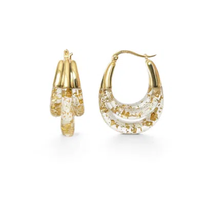 Gold & Honey Women's Triple Hoop Lucite Earrings In Clear With 24k Gold Leaf
