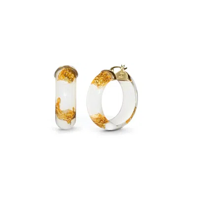 Gold & Honey Women's White / Gold 24k Gold Leaf Huggie Hoop Earrings In Dove White In Multi